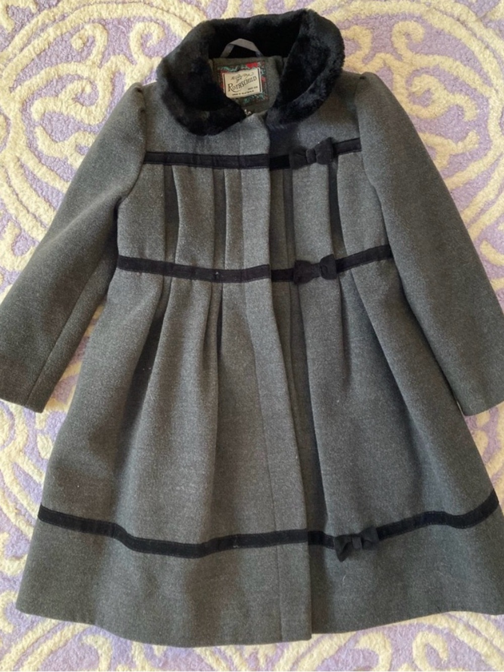 Rothschild Grey Girls' Pleated Wool Coat with Black Trim and Faux Fur Collar
